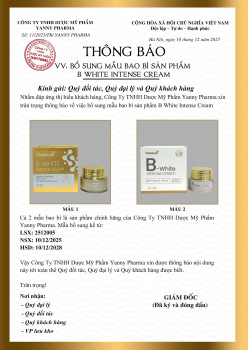 THÔNG BÁO BỔ SUNG MẪU BAO BÌ SẢN PHẨM B WHITE INTENSE CREAM